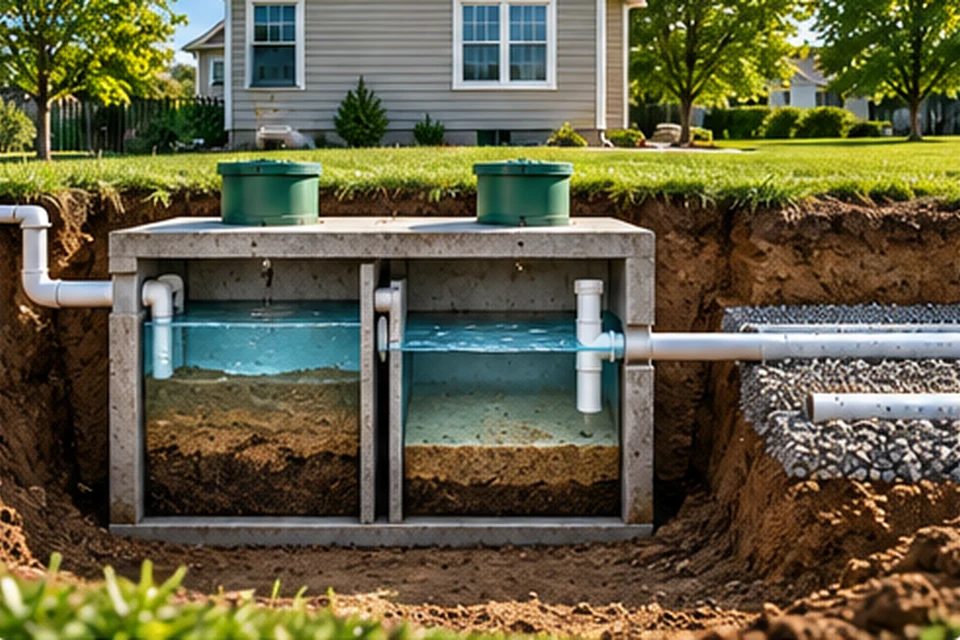 Cutaway of a two-compartment septic tank showing sludge, liquid and pipes leading to a drain field