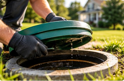 Gloved hands lifting a green septic riser lid off a concrete tank opening in a lawn